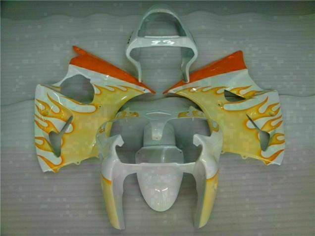 2000-2002 White Yellow Flame Kawasaki ZX6R Bike Fairings Canada 2000-2002 White Yellow Flame Kawasaki ZX6R Bike Fairings Canada