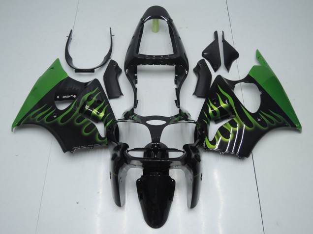 2000-2002 Black with Green Flame Kawasaki ZX6R Motorcyle Fairings Canada 2000-2002 Black with Green Flame Kawasaki ZX6R Motorcyle Fairings Canada