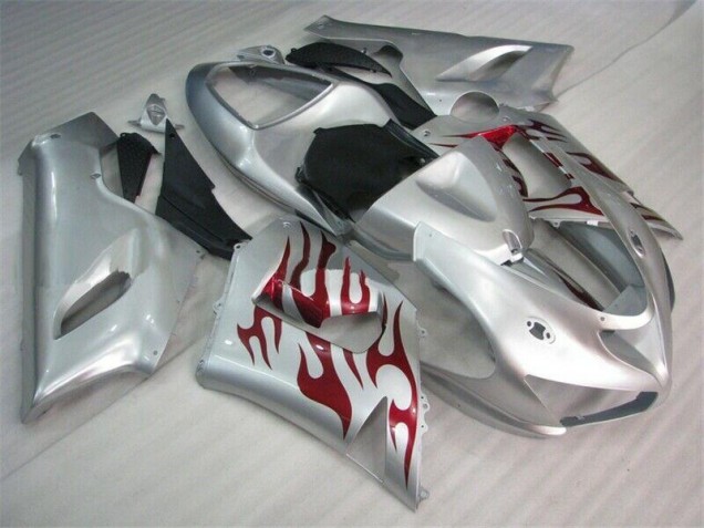 2005-2006 Silver Red Flames Kawasaki ZX6R Motorcycle Fairings Canada